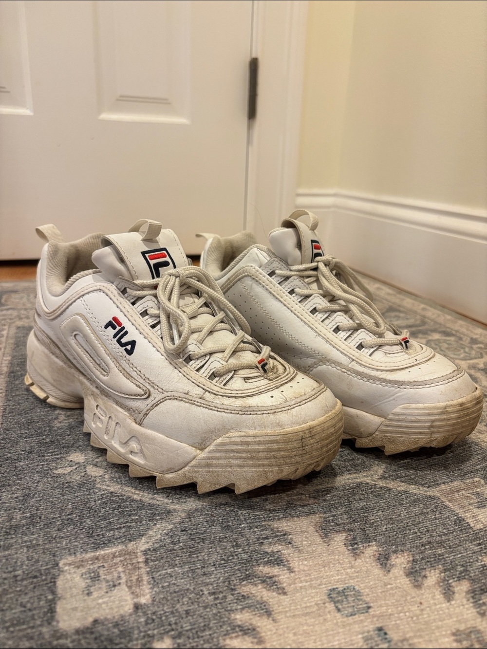 Fila Off-White Chunky Platform Sneakers with Navy & Red Trim
